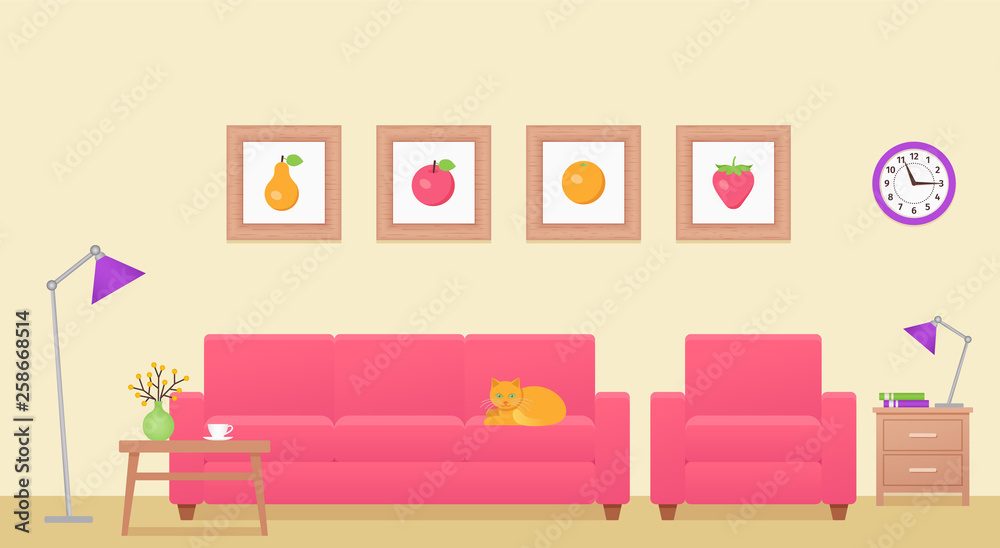 Living room. Room interior. Vector. Lounge with furniture. Cartoon home  background. House equipment with pink sofa and table. Colorful animated  illustration in flat design. Parlor in modern apartment. Stock Vector |  Adobe