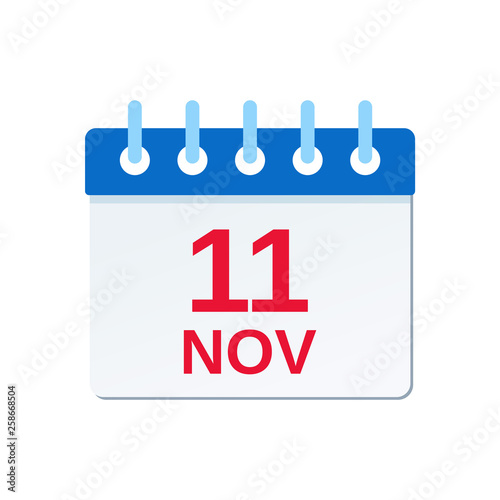 November 11 calendar icon. Veterans Day reminder calendar. Vector. Planner holiday date isolated on white background. Color illustration in flat design.