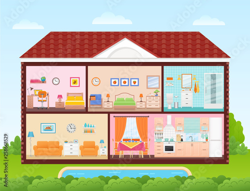 House inside, interior. Vector. Home cross section with rooms bedroom, living room, kitchen, dining, bathroom, nursery. Cartoon house in cut with roof, pool, tree, sky Cutaway illustration flat design