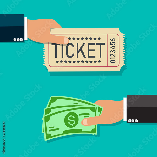 Buy tickets.Hand holding money and other hand holds ticket.Vector illustration. 