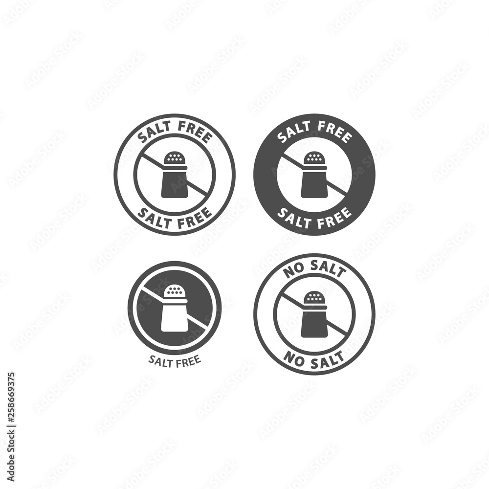Salt free and no salt food ingredient circle label icon set. Salt free vector badge sticker set for packaging. Salt free and no salt food ingredient circle label icon set. Salt free vector badge sticker set for packaging.