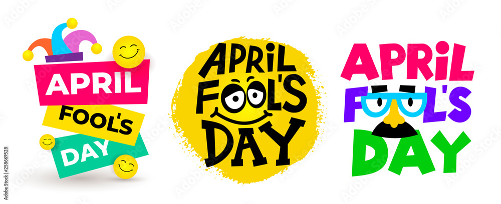 Set Of April Fools Day Text And Funny Glasses. Greeting Card, Ad, Promotion, Poster, Flier, Blog, Article, Marketing, Signage, Email. Flat Design. Vector Illustration. Isolated On White Background.