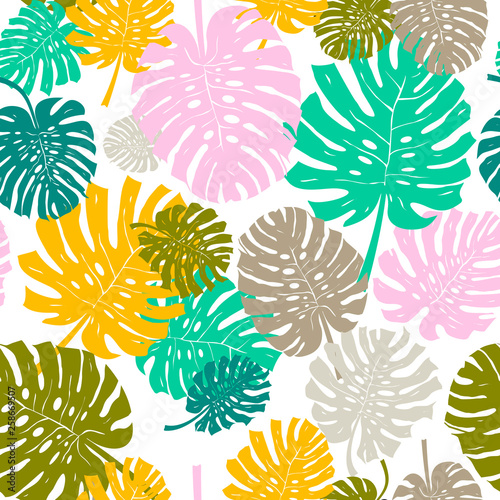 Palm Leaf Seamless Background. Monstera leaf pattern. Flat Design. Vector Illustration. Isolated On White Background.