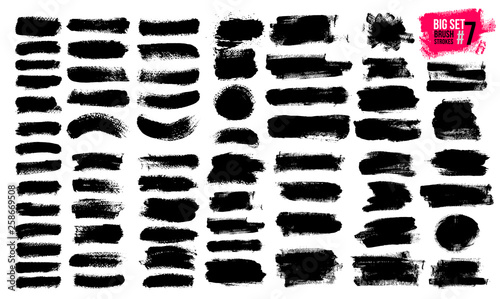 Big Set Of Black Brush Strokes, Paint, Ink, Grunge, Brushes, Lines. Dirty Artistic Elements, Boxes, Frames. Freehand Drawing. Vector Illustration. Isolated On White Background.