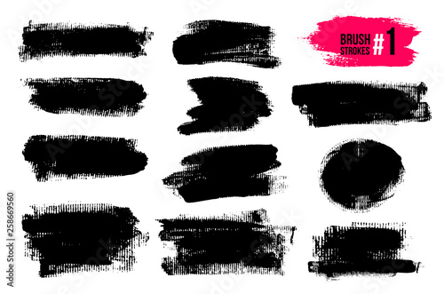 Set Of Black Brush Strokes, Paint, Ink, Grunge, Brushes, Lines. Dirty Artistic Elements, Boxes, Frames. Freehand Drawing. Vector Illustration. Isolated On White Background.