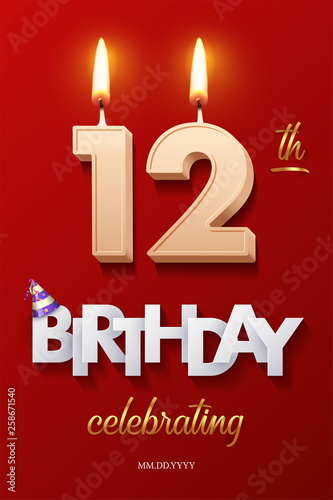 Burning Birthday candles in the form of number 12 figure and Happy Birthday celebrating text with party cane isolated on red background. Vector twelve Birthday invitation template.