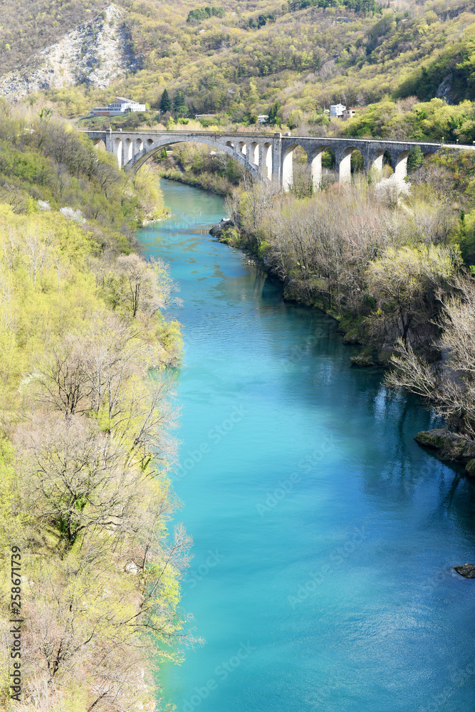 Historical Solkan bridge over Soca river, Nova Gorica, Slovenia, Europe.
