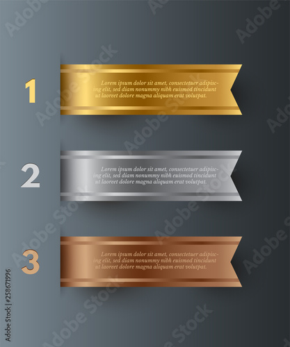 Vector gold, silver, bronze horizontal ribbons with text space isolated on gray background.