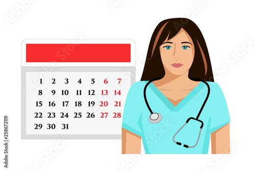 Vector image of a female doctor or medical specialist and a calendar - appointments, patient waiting times or lists, consultations and check-ups