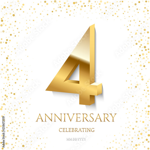 Golden 4th Anniversary Celebrating text and confetti on white background. Vector celebration 4 anniversary event template.