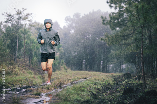 Fototapeta Naklejka Na Ścianę i Meble -  athlete runner in grey sports jacket forest trail in the rain