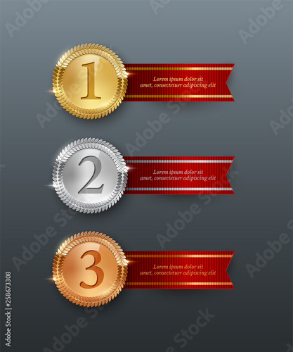 Vector gold, silver, bronze medals and horizontal red ribbons with text space isolated on gray background.