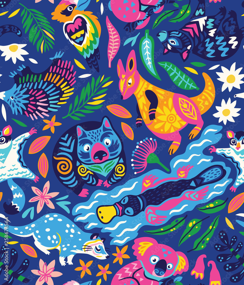 Seamless pattern with decorative Australian animals in bright colors. Vector illustration