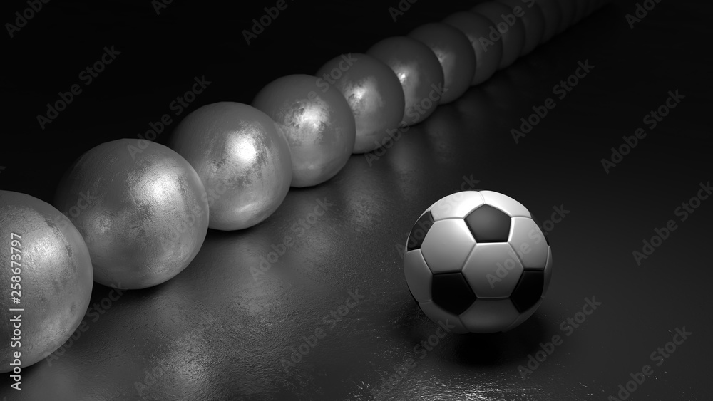 Soccer ball next to a row of spheres standing out from the crown concept