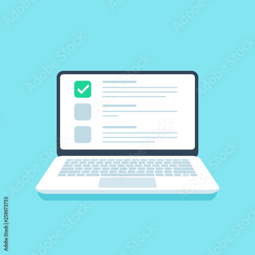 Online quiz checklist. Web exam, options choice on laptop screen and questionnaire checklists vector illustration