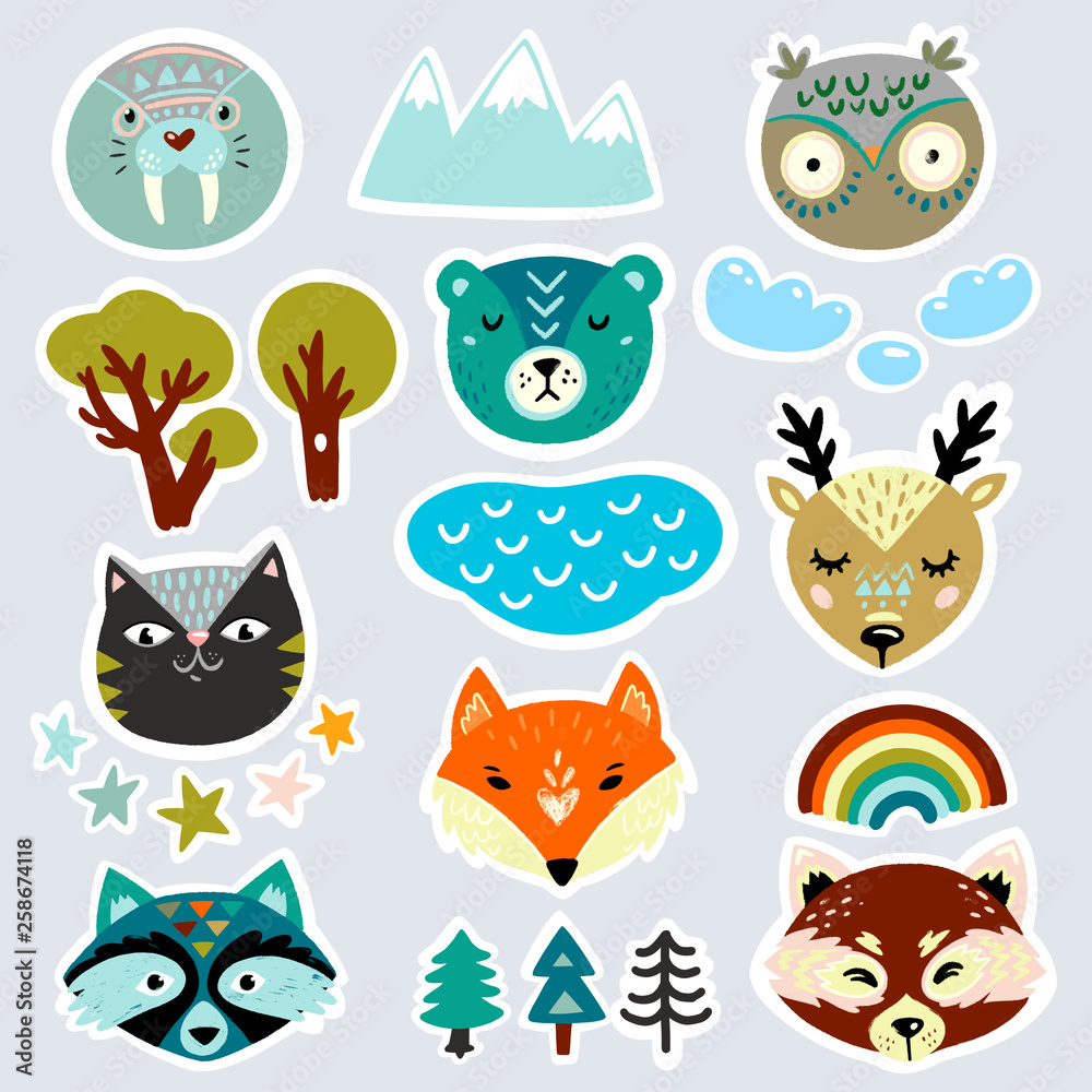 Patch, badge, sticker set with wild animal hand drawn faces