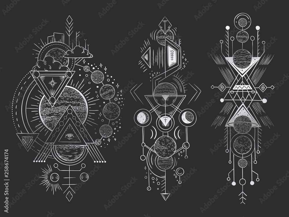 Tattoo design set with gothic icons and mystic symbols on white. Esoteric,  occult and Halloween concept with sacred geometry elements, graphic vector  illustrations for music album cover, t-shirts Stock Vector | Adobe