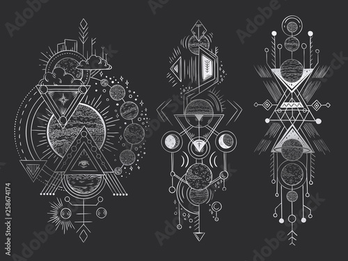 Abstract magical tattoo. Sacred geometric moon, mystic revelation arrows lines and mysticism harmony hand drawn vector illustration
