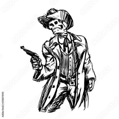 Skeleton cowboy with revolver - Vector illustration