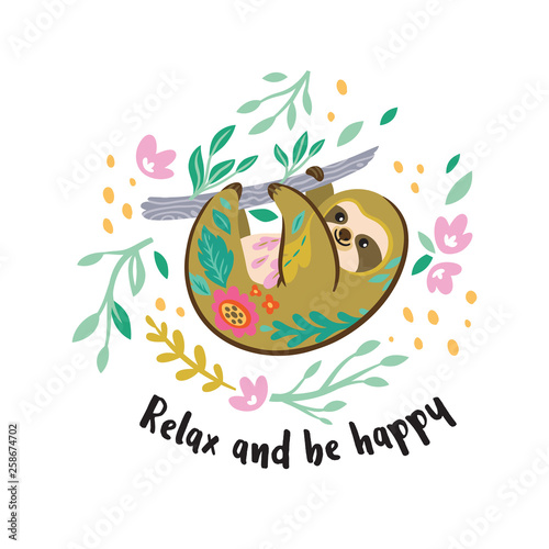 Relax and be happy. Cute vector sloth bear animal character hanging on the branch. Vector illustration