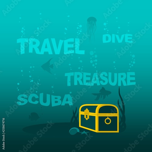 Underwater world background. Underwater landscape with sunken ship and treasure chest. Marine life and fauna. . Sinking words with bubbles