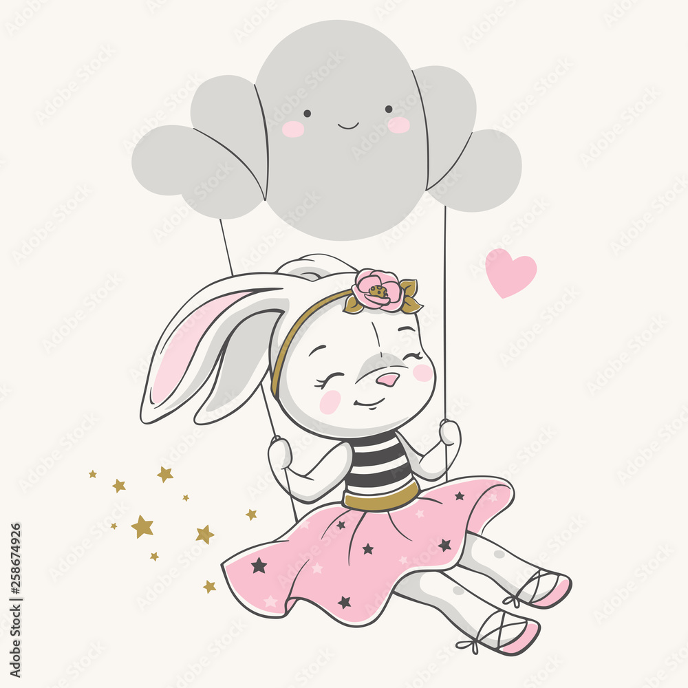 Fototapeta Wręcza patroszoną wektorową ilustrację śliczna królik dziewczyna w różowej sukni, huśta się na chmurze.