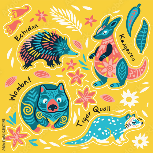 Set of decorative australian animals stickers, badges, icons, patches, design elements. Vector illustration