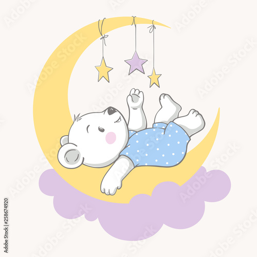 Vector illustration of a cute baby bear, lying on the moon, and playing with the stars.