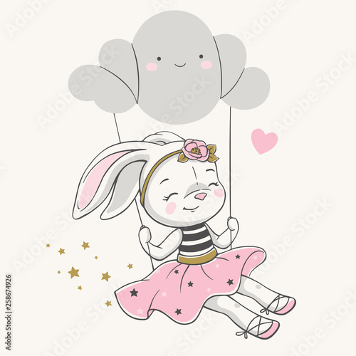 Hand drawn vector illustration of a cute bunny girl in a pink dress, swinging on a cloud.