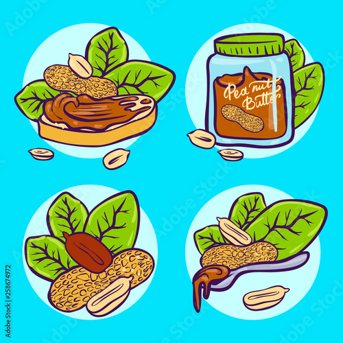 Peanut butter doodle vector icon set. Cartoon illustration set of peanut icons for web design. Nuts hand drawn emblems and labels