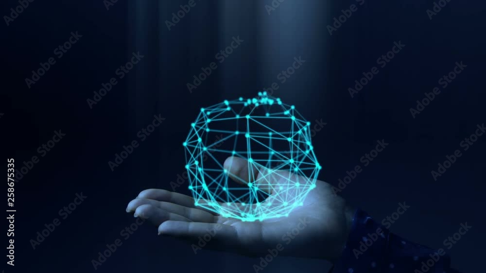 Blue hologram sphere rotating and expanding in woman hands. Futuristic network concept.