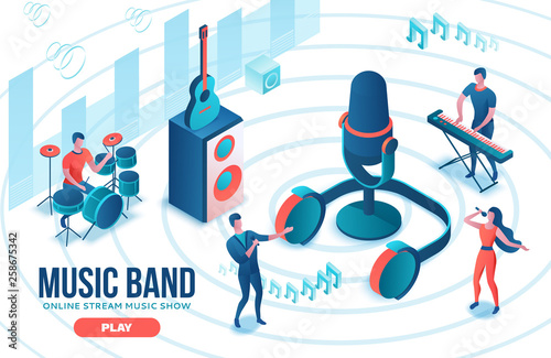 Isometric music radio show 3d illustration, modern concert poster, audio blog concept, vector landing page with people singing, microphone, guitar, podcast recording sound studio, living coral color 