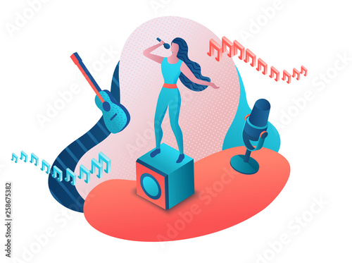 Singer 3d isometric vector colorful illustration, girl singing with microphone, radio person