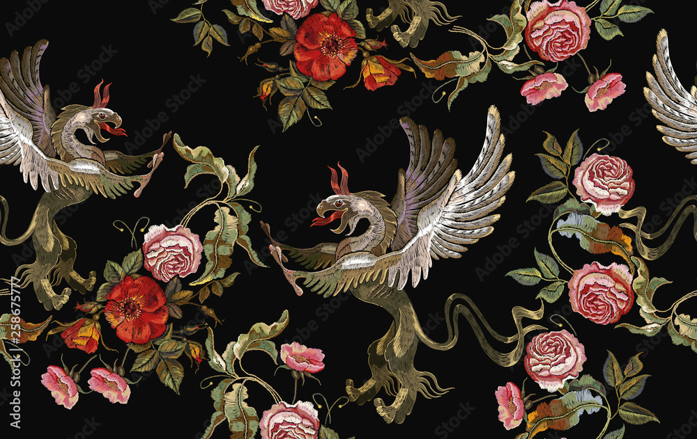Embroidery griffins and red roses, pink peonies seamless pattern. Medieval art. Gothic template tapestry renaissance style. Template for clothes, t-shirt design