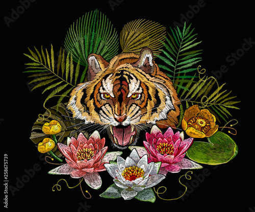 Embroidery tiger head and lotus and water lilies. Template for clothes, textiles, t-shirt design