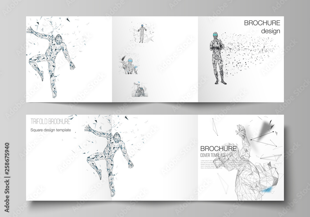 The minimal vector editable layout of two square format covers design template for trifold square brochure, flyer, magazine. Man with glasses of virtual reality. Abstract vr, future technology concept The minimal vector editable layout of two square format covers design template for trifold square brochure, flyer, magazine. Man with glasses of virtual reality. Abstract vr, future technology concept