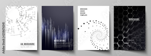 Vector layout of A4 format modern cover mockups design templates for brochure, magazine, flyer, booklet, annual report. Technology, science, future concept abstract futuristic backgrounds.