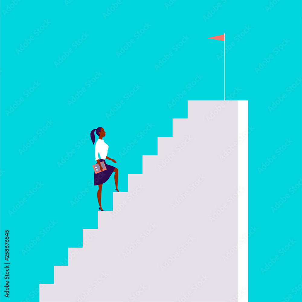 Business concept illustration with business lady walking up the stairs