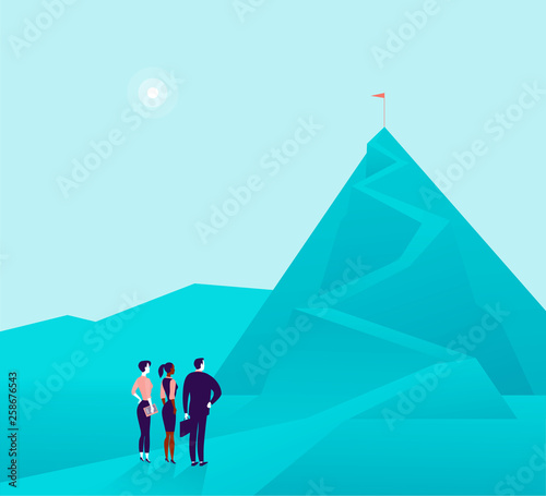 Business concept illustration with business people team standing at mountain pic and watching on top. Metaphor for growth, new aims & goals, team work & partnership, aspirations, motivation.