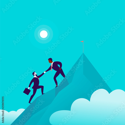 Flat illustration with business people climbing together on mountain peak top on blue clouded sky background. Team work, achievement, reaching aim, partnership, motivation, support - metaphor.