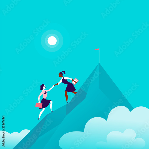 Flat illustration with business ladies climbing together on mountain peak top on blue clouded sky background. Team work, achievement, reaching aim, partnership, motivation, support, - metaphor.