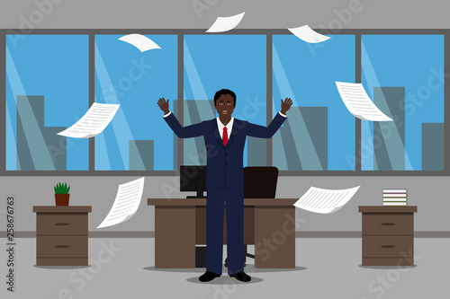 African man throwing documents in office. Vector illustration.