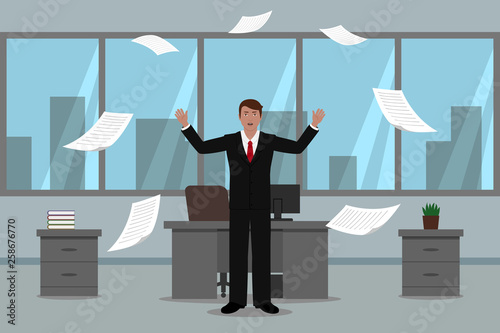 Caucasian man throwing documents in office. Vector illustration.