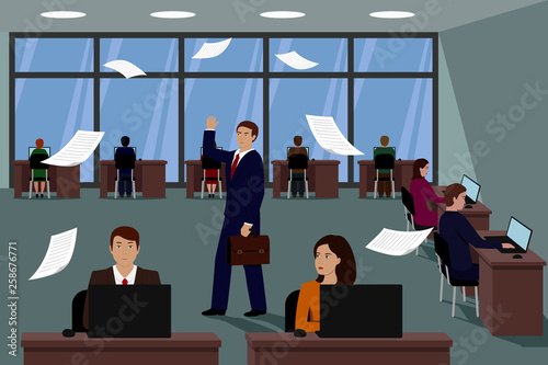 Dismissed employee leaves the office and throws documents. Vector illustration.