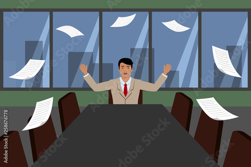 Asian chief sitting at table and throwing documents. Vector illustration.