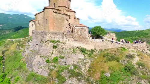 Aerial drone view of Mtskheta, Georgia with Svetitskhoveli Cathedral