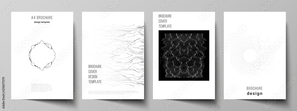 The vector layout of A4 format modern cover mockups design templates for brochure, magazine, flyer, booklet. Trendy modern science or technology background with dynamic particles. Cyberspace grid. The vector layout of A4 format modern cover mockups design templates for brochure, magazine, flyer, booklet. Trendy modern science or technology background with dynamic particles. Cyberspace grid.