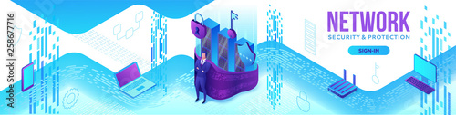 Network security 3d isometric vector illustration, data protection concept, firewall attack, phishing scam, server networking, information safety , laptop, computer
