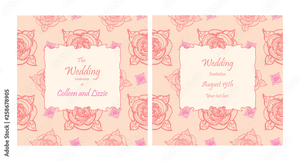 Wedding Invitation Template. Hand-drawn vector illustration of a retro style with pink floral pattern