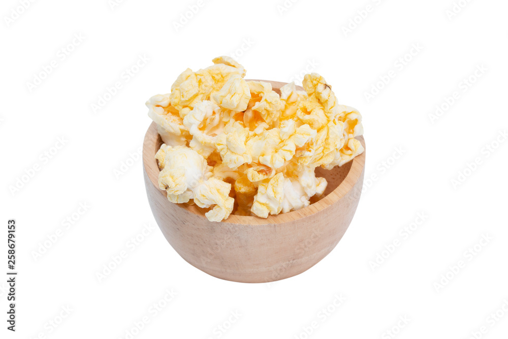 popcorn in wooden bowl isolated on white background - clipping paths popcorn in wooden bowl isolated on white background - clipping paths